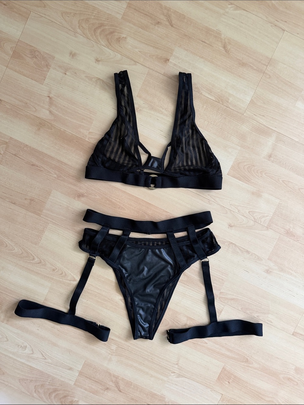 Sheer Striped Black Bralette & Garter Brief Set